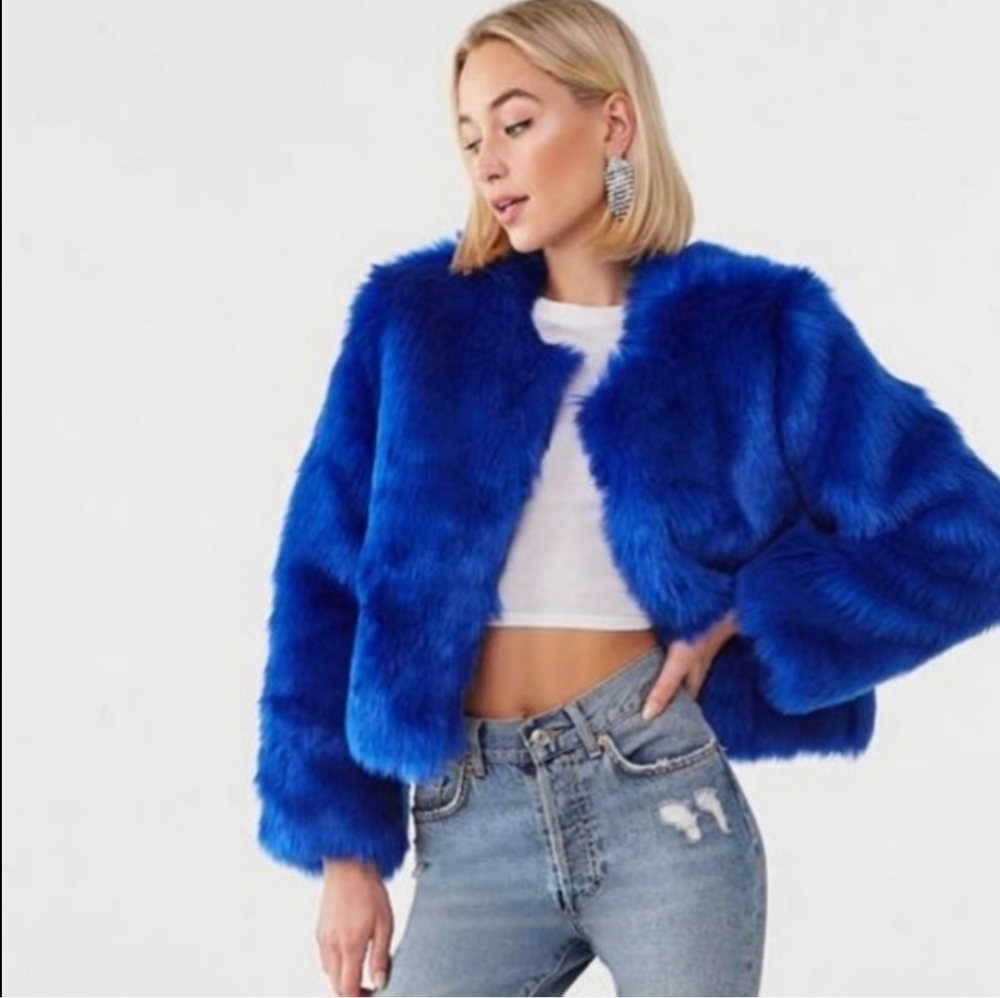 New Forever 21 Faux Fur Blue Long Sleeve Jacket